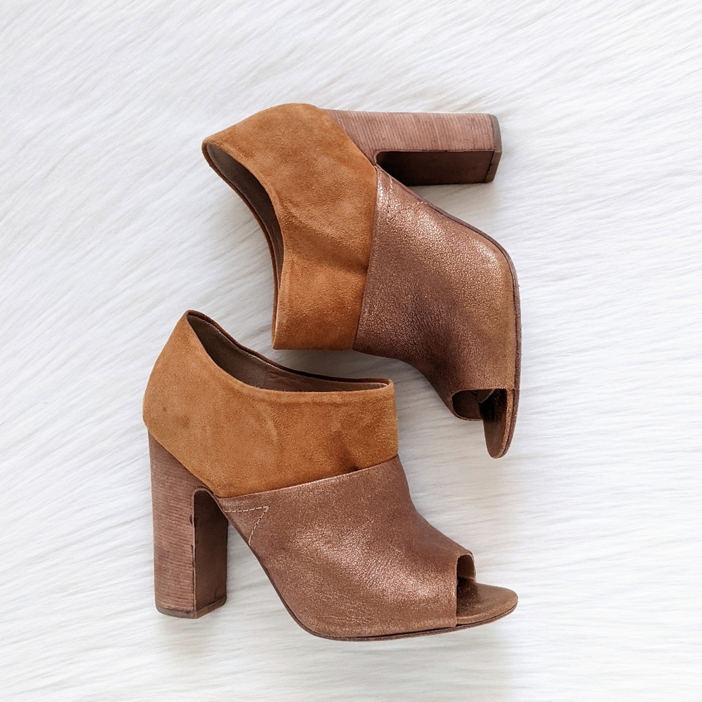 Belle By Sigerson Morrison Rose Copper Leather & Brown Suede Booties | 8